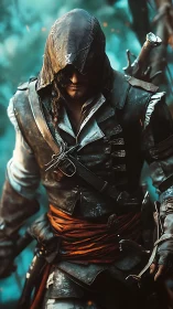 Hooded rogue stalks through teal mist with drawn blades