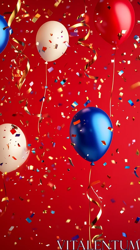 Suspended balloons with confetti against red background display festive arrangement.