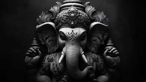 Monochrome Ganesh statue stands in dramatic side lighting