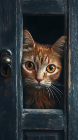 Orange Tabby Cat Framed in Weathered Wooden Doorway with Intense Amber Eyes.