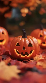 Glowing jack o&rsquo; lantern among vivid autumn leaves.