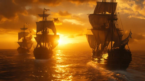 Sun-drenched galleons chase molten horizons across calm seas