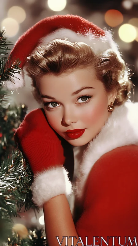 Retro holiday portrait of glamorous woman in red Santa attire.