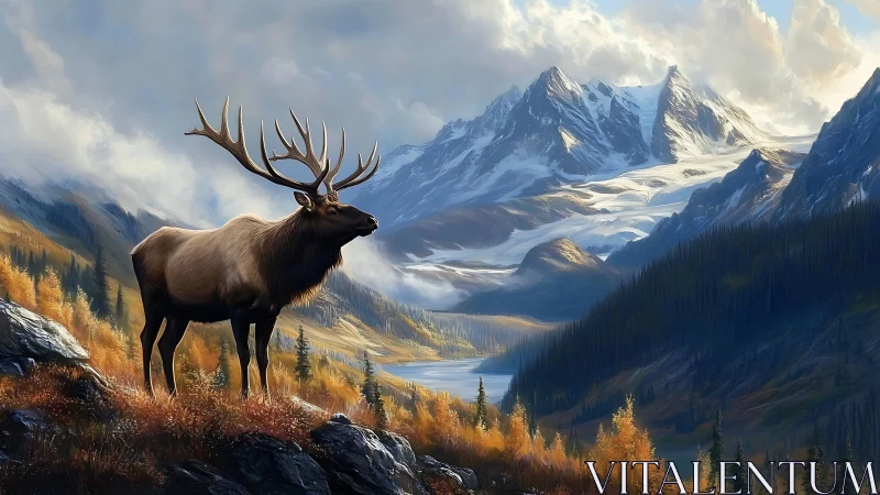 Majestic elk overlooking alpine valley and snow peaks.