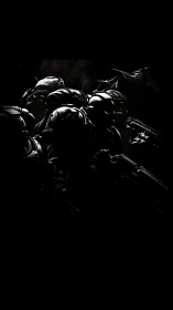 Armored space marines advance through deep-shadow void