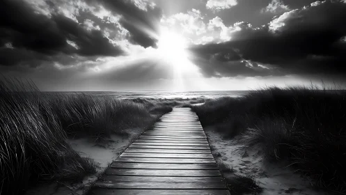 Monochrome littoral boardwalk under dramatic volumetric skylight.