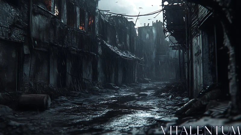 Rain-soaked ruined alleyway shows burned buildings collapsing