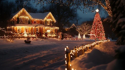 Snowy suburban home with dense Christmas light display.