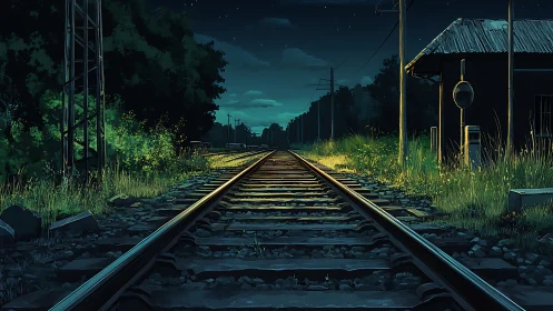 Quiet night railway path glowing under gentle starlight.