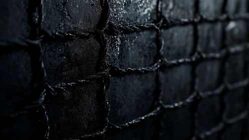 Moody closeup of a dark wet wire fence in soft light.