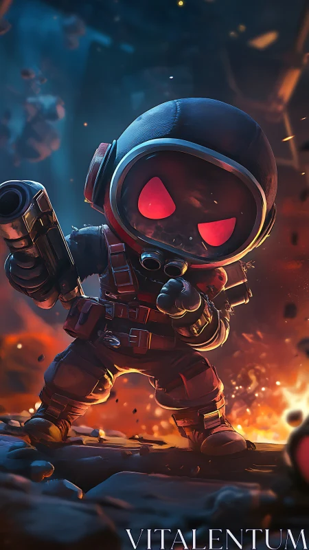 Armored cartoon soldier with visor in fiery battle scene.