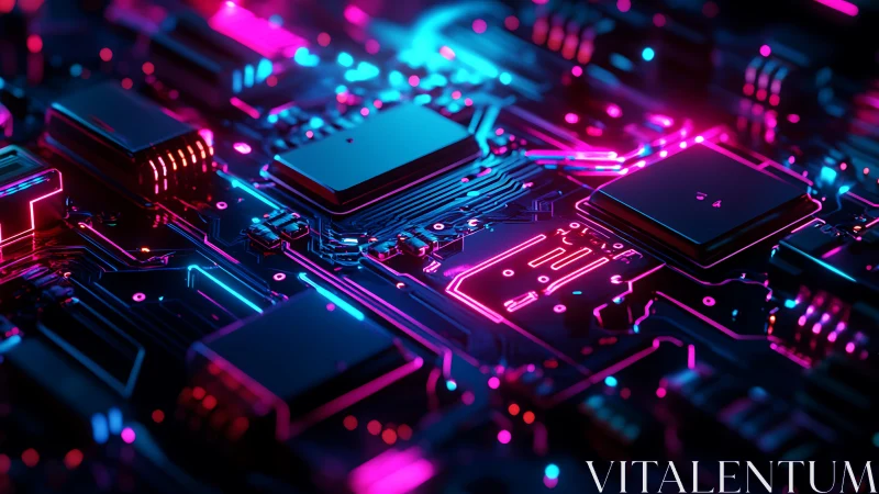 Neon lit circuit board with chips and glowing data paths.