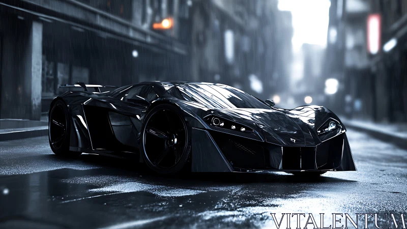 Midnight hypercar poised on slick neon-lit city street.