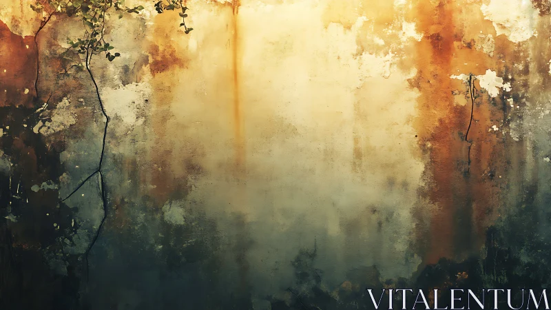 Weathered concrete wall glows with rust and creeping vines.