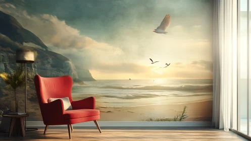 Sunrise shoreline mural embracing a bold crimson lounge chair.