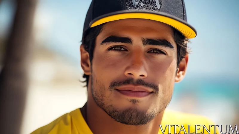 Portrait shows young man in cap under bright daylight