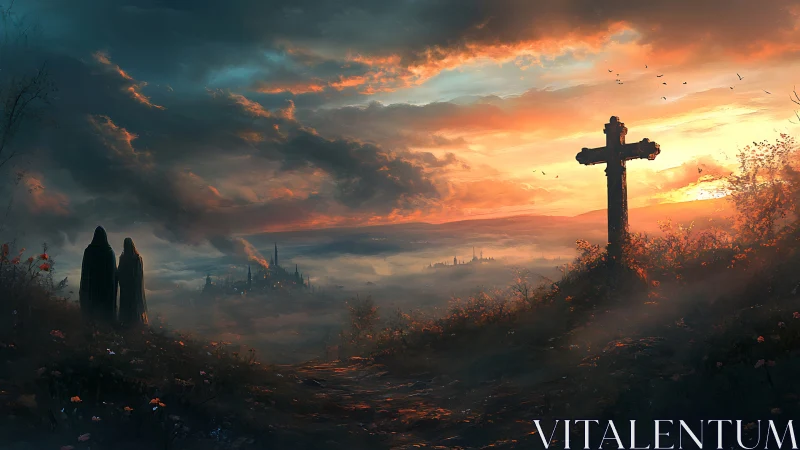 Two cloaked pilgrims share silence beneath a burning sky