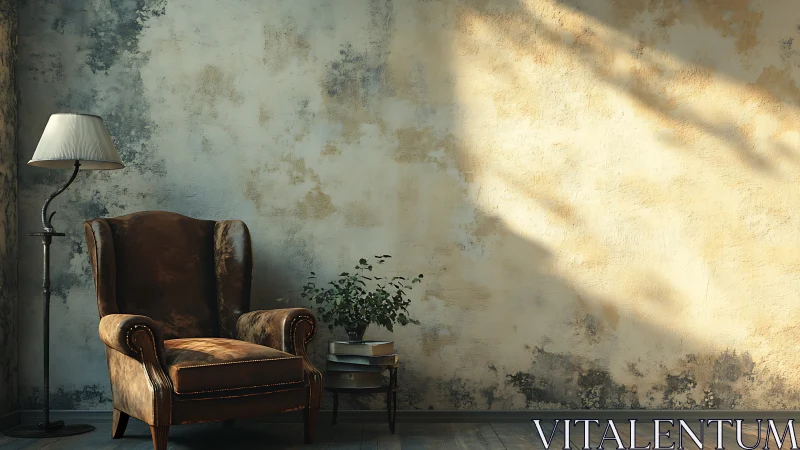 Sunlit reading corner with vintage leather chair and lamp.