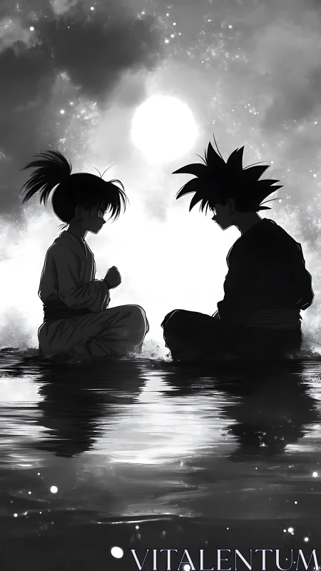 Quiet moonlit conversation between two anime friends.