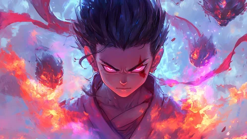 Storm-eyed fire mage rising through neon-torn sky.