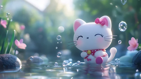 Cute chibi white cat relaxes among sparkling water droplets.