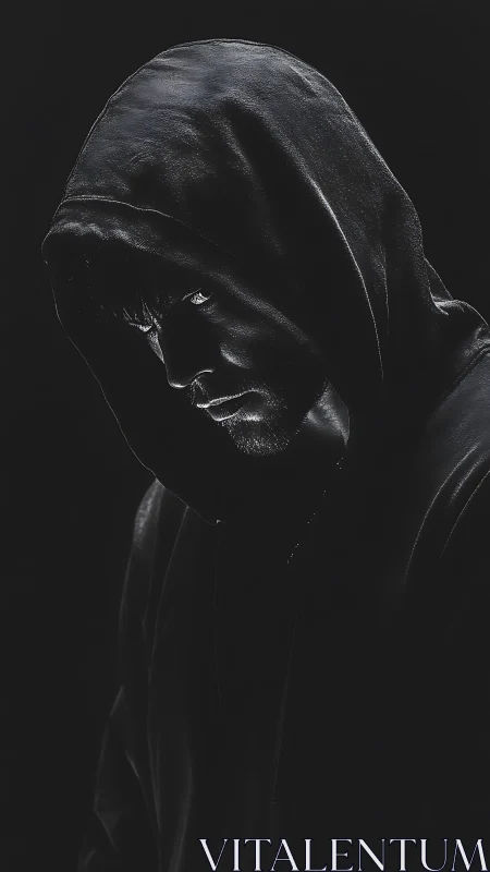 Shadowed hooded figure emerges from darkness in profile.