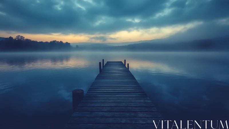 Quiet lakeside pier reaching into soft misty blue dawn.