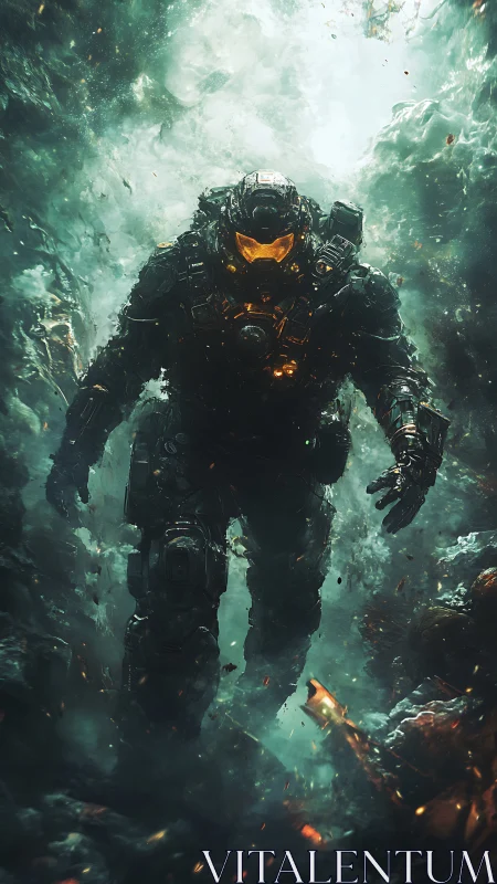 Storm-walker exosuit strides through molten cosmic wreckage.