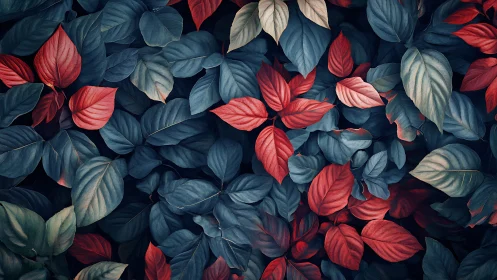 Digital painting foliage study with crimson and teal leaves.