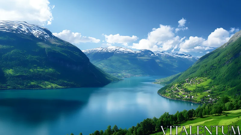 Glacial fjord valley with alpine village under clear midday light