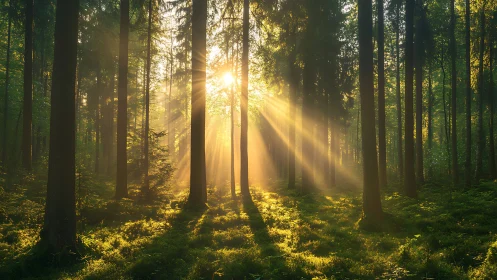 Sunlight streaming through dense green forest at sunrise, tranquil mood.
