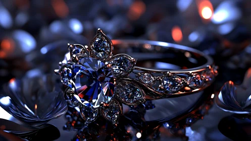 Diamond floral ring glows in cinematic blue and amber light