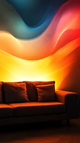 Gradient wall illumination casts high-contrast glow on sofa