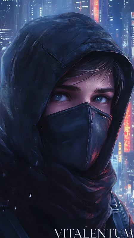 Hooded cyberpunk vigilante studies neon city at night