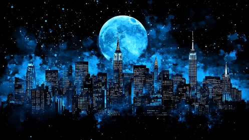 Blue nocturnal city skyline glows under full moonlight