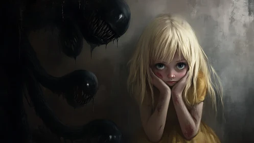 Haunting shadow creature looming over bruised child girl.