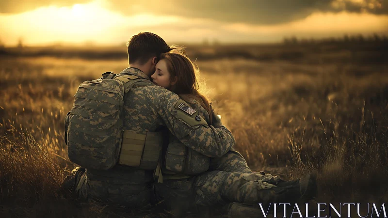 Military Personnel Embrace in Golden Hour Landscape Photograph