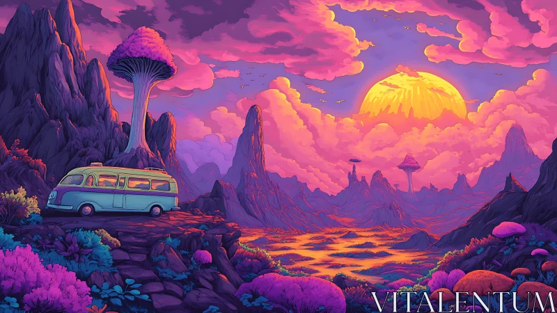 Retro camper overlooking neon alien valley at surreal sunset