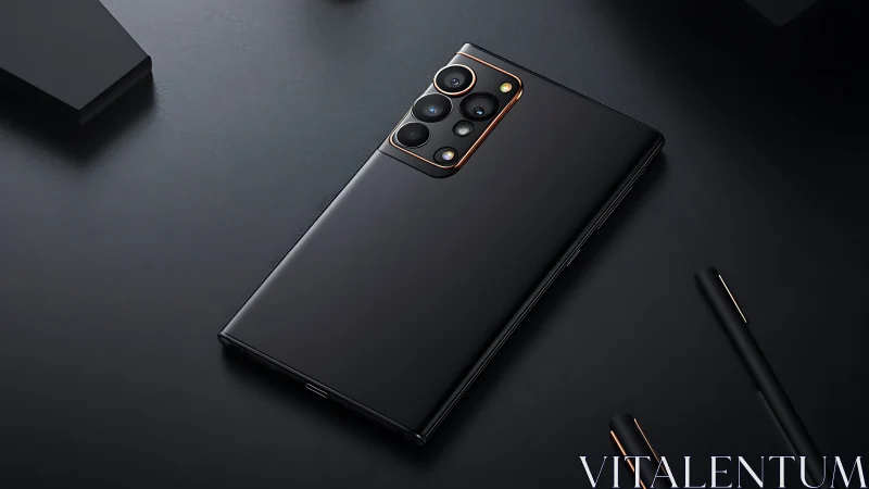 Premium Black Smartphone with Quad Camera System and Rose Gold Accents.