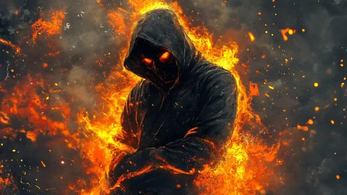 Fiery hooded wraith emerging through cinematic inferno glow.