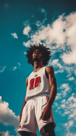 Basketball player stands under dramatic teal sky