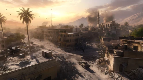 Sunlit war-damaged Middle Eastern city with volumetric smoke and dust