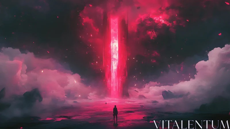 Solitary figure approaches luminous crimson monolithic portal