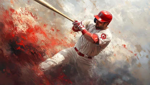 Baseball batter swings wooden bat amid abstract red motion