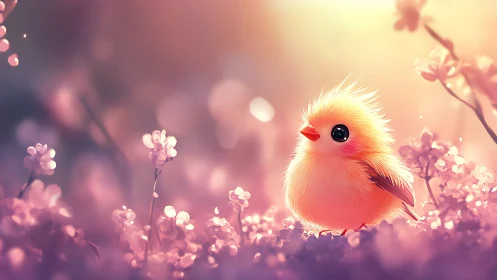 Digital painting of luminous chick amid soft-focus florals.