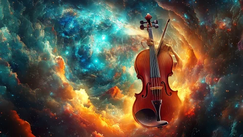 Digital painting of cosmic cello suspended in nebular vortex.
