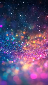 Colorful glitter bokeh field glows under dark cosmic sky