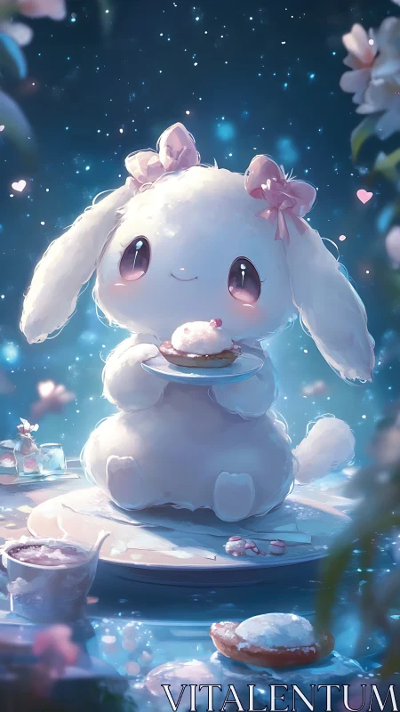 Soft-lit chibi rabbit character holds pastry on reflective plate