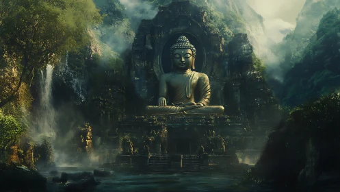 Serene Buddha statue rests in misty jungle temple sanctuary