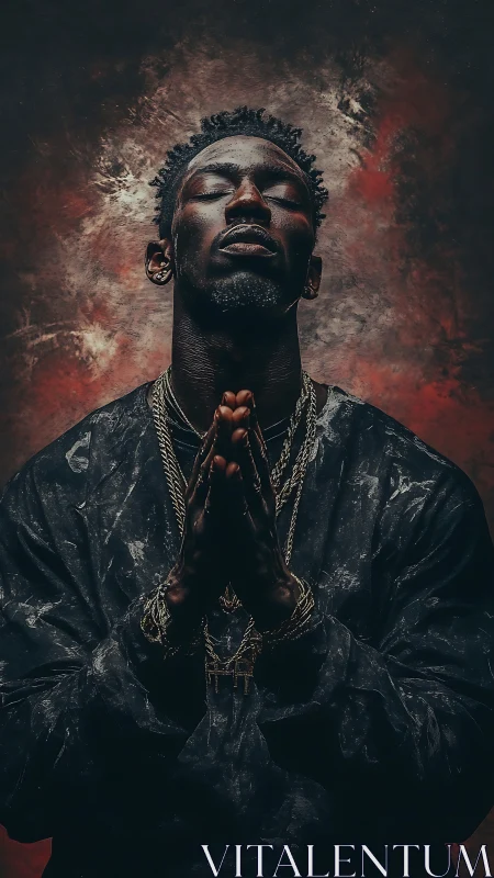 Male subject poses with clasped hands against textured backdrop
